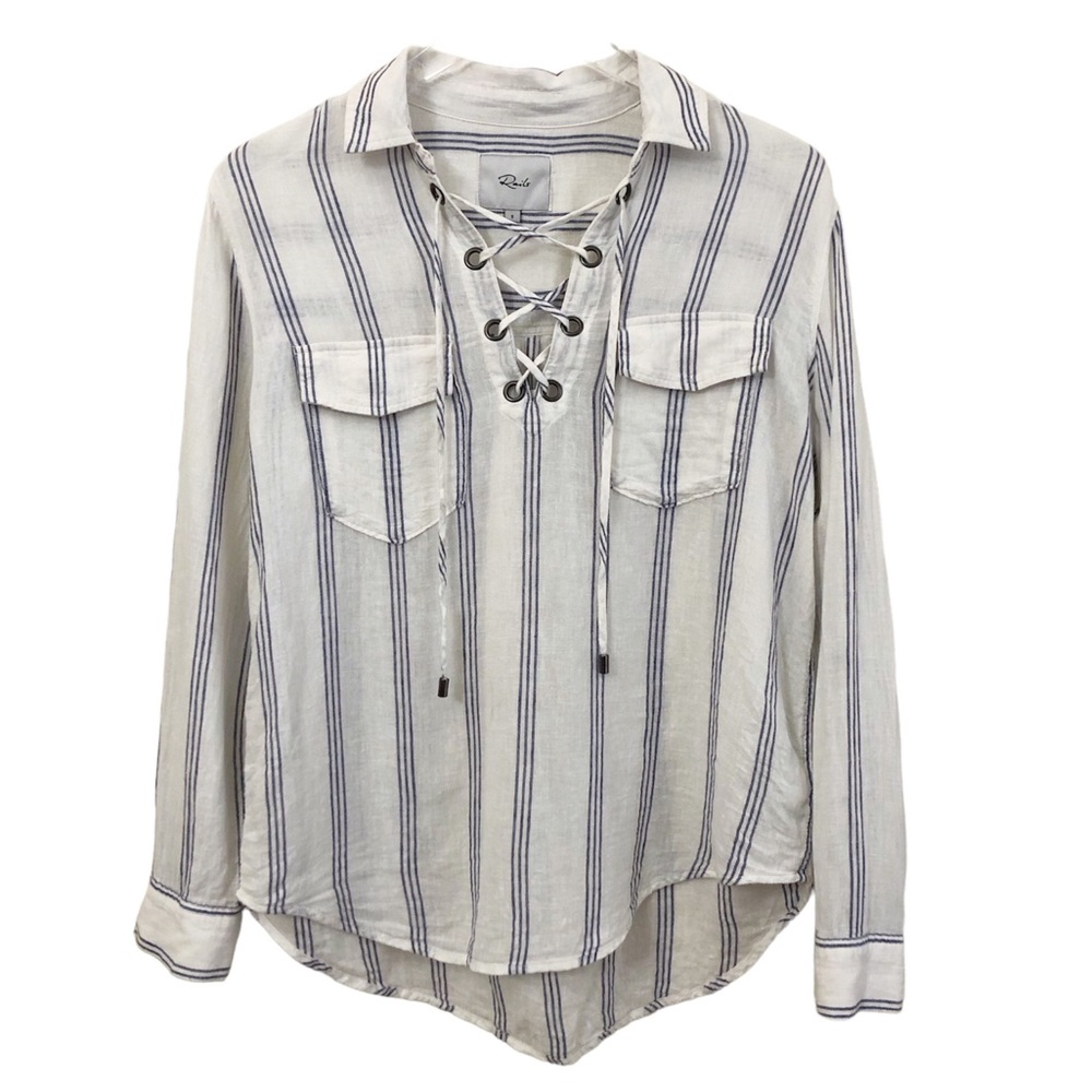 Rails | Linen Blend White Blue Stripe Long Sleeve Top Small Coastal